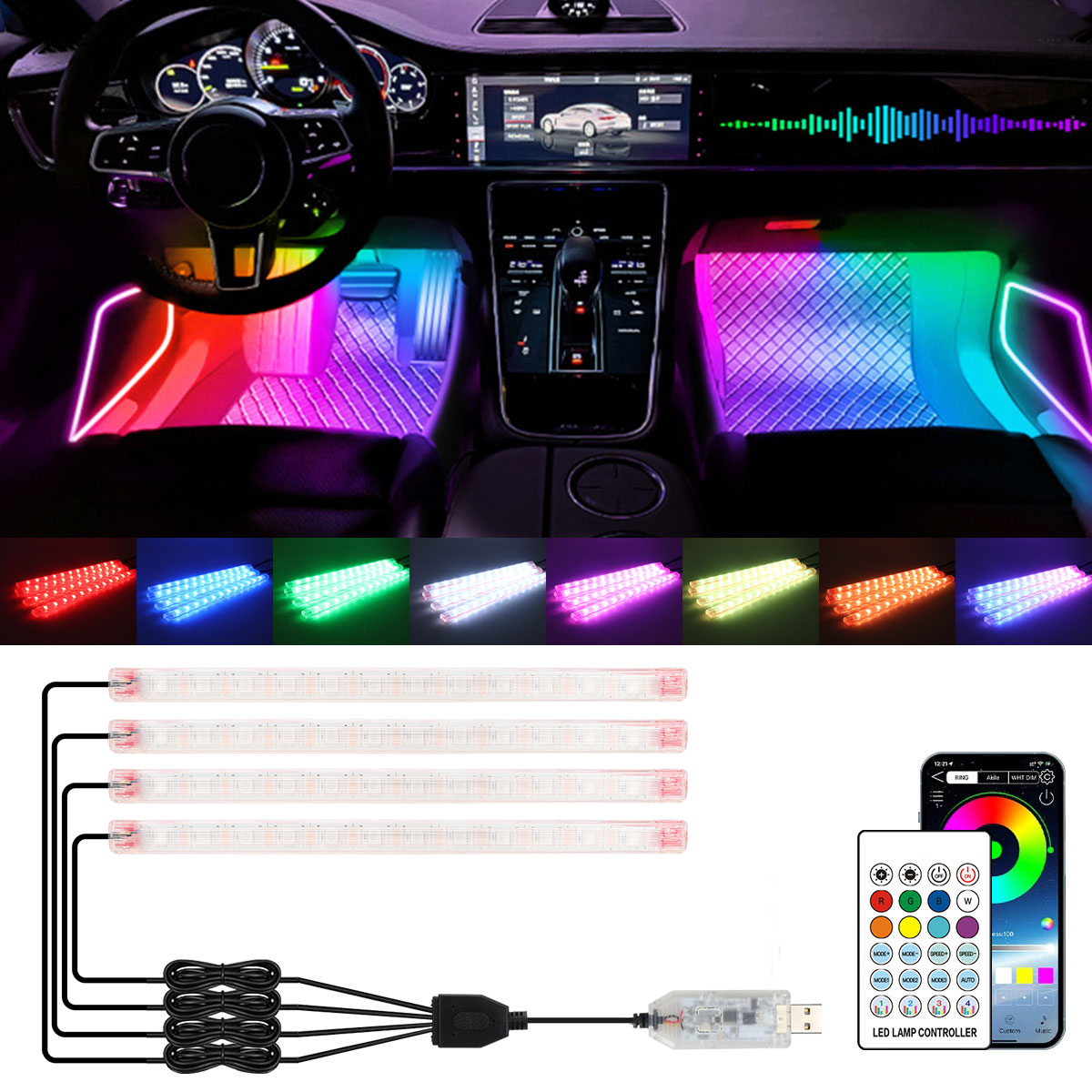 2/4w1 12/18 LED RGB Tęczowa De – Led Ambient Interior Car Lights App Control recenzja i cena